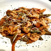 Tricolor penne pasta with shrimp